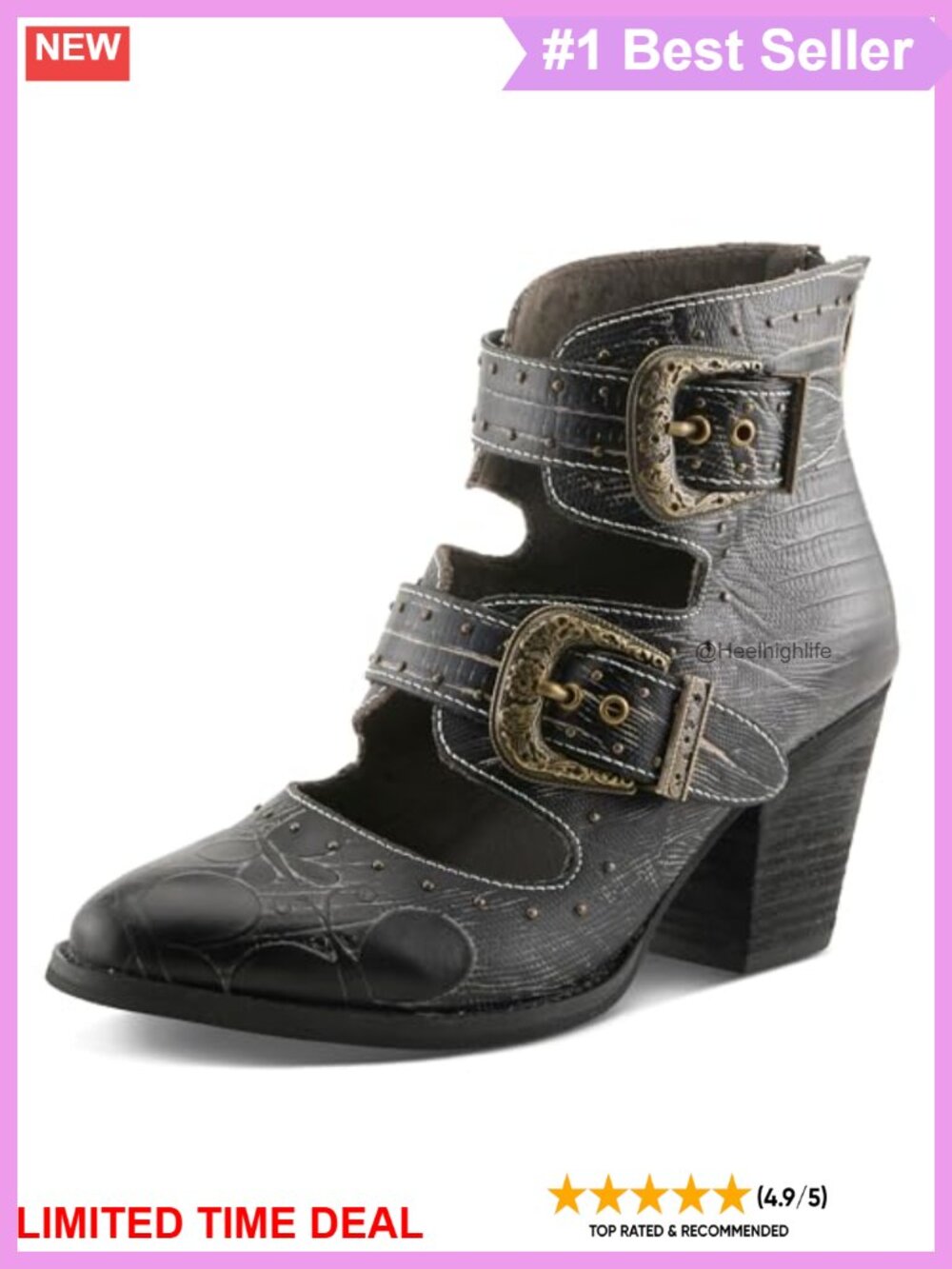 Leather Pointed Toe Ankle Booties Buckle Cutout Stacked Heel